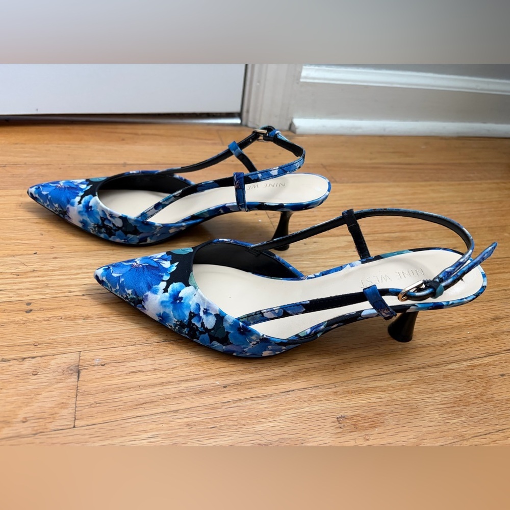 Nine West Black Floral Pointed-Toe Slingback Heels EUC Size 7.5 - Picture 8 of 9